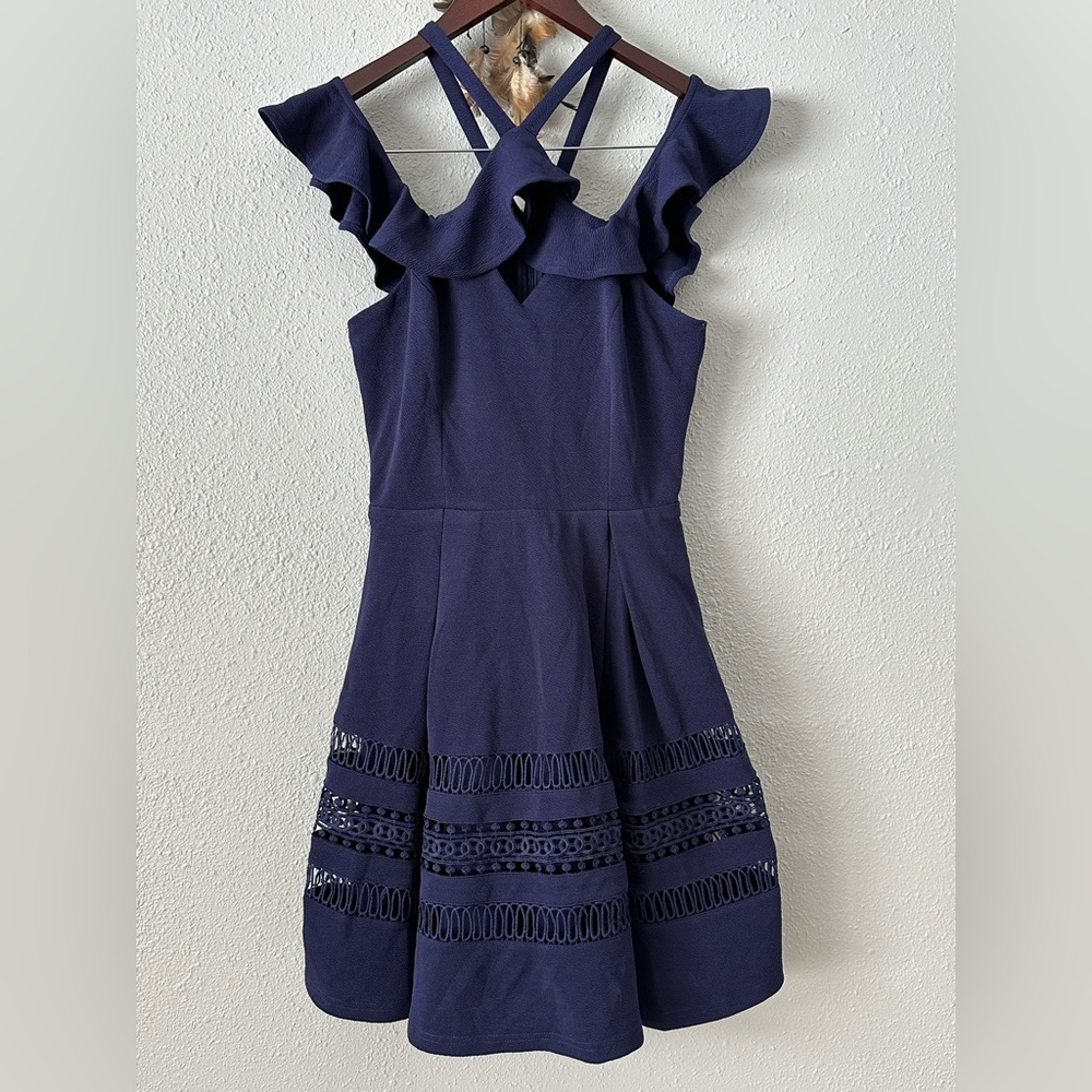 Francesca’s Catarina Y-Neck Navy Blue Fit & Flare Dress NWT Size M Cocktail